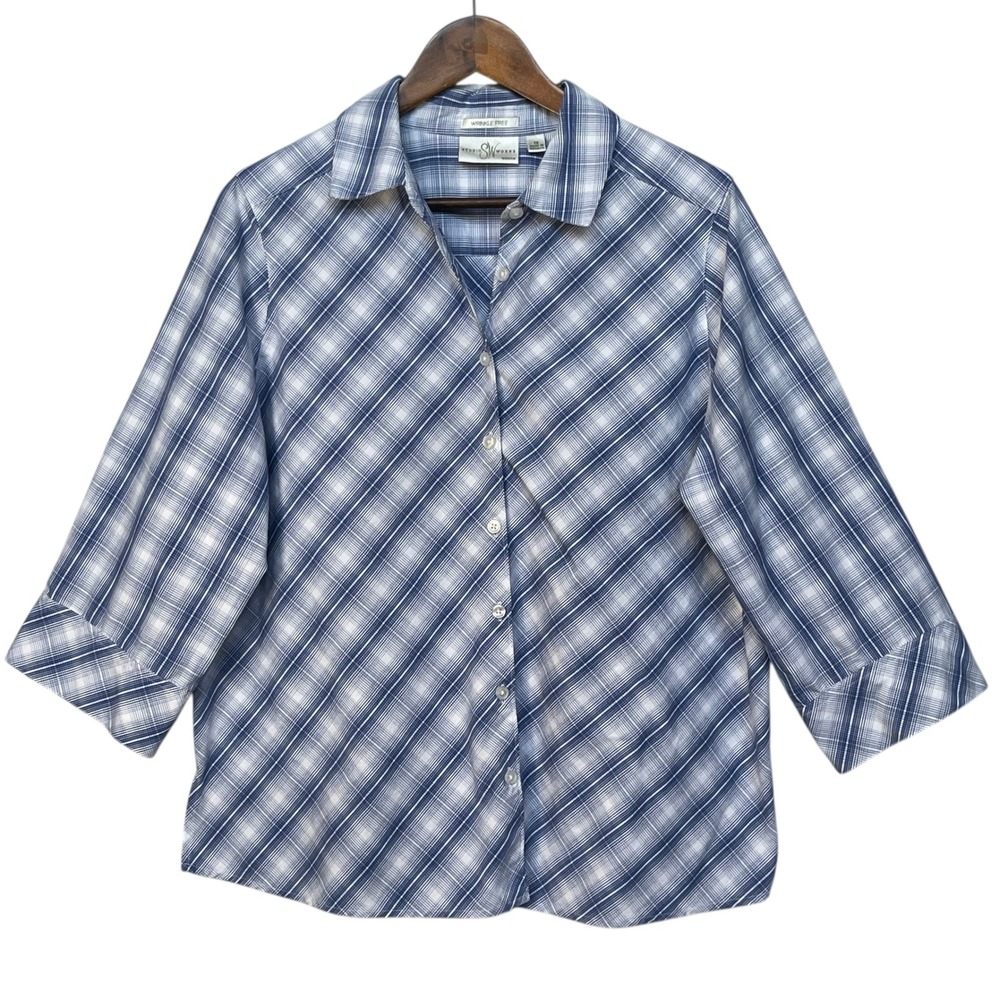 Studio Works Woman Blue White Plaid Button Up Shirt 3/4 Sleeve Wrinkle Free 1X
